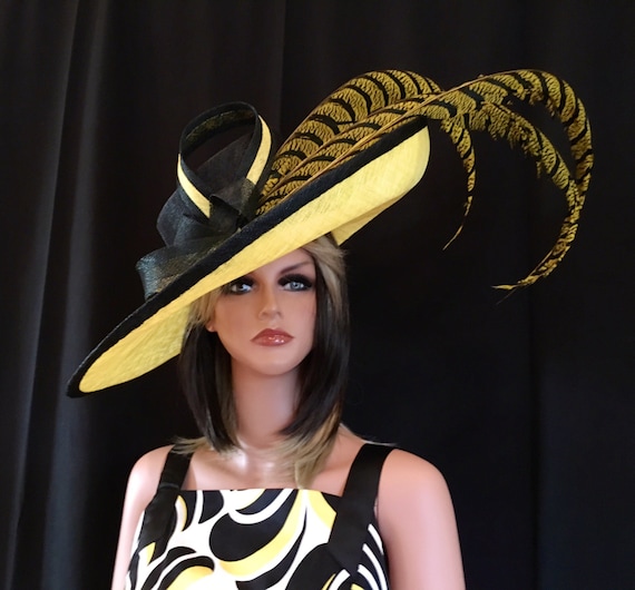 Black and Yellow KENTUCKY DERBY HAT or SUNDAY CHURCH SERVICE HAT Kentucky Derby Large Hat. Yellow Hat. Black Hat. Royal Ascot  main image 2