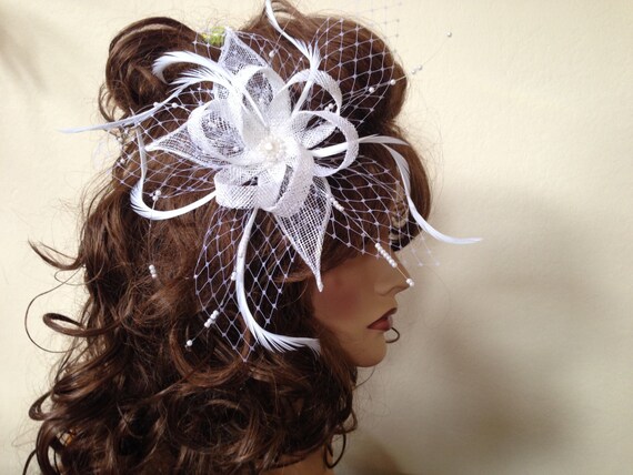 Stunning Feather and Crystal Bridal Fascinator White Birdcage Wedding Veil with Floral Feather Fascinator main image 3