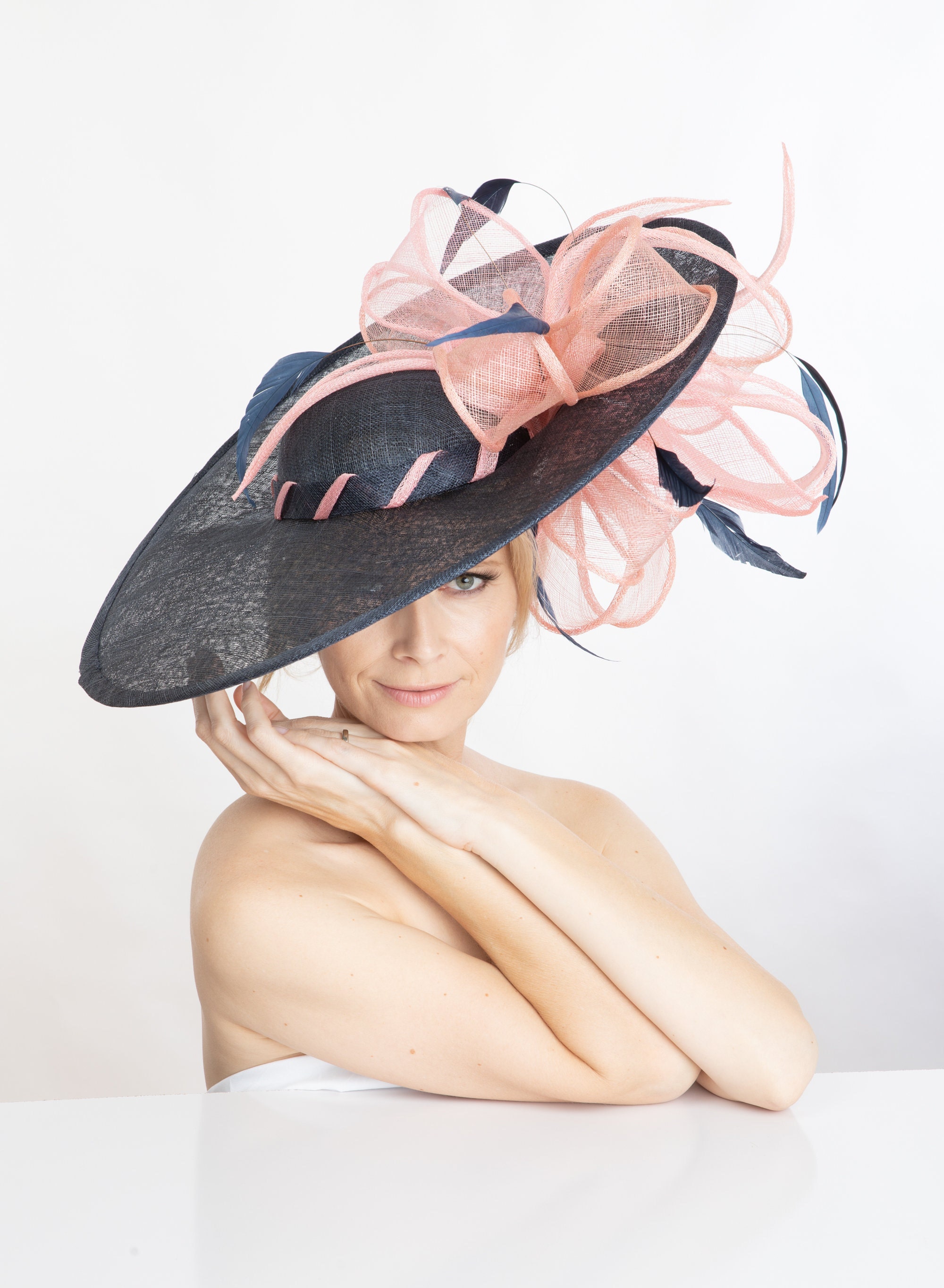 2019 collection .Large navy pink headpiece . Navy hat. Pink Etsy Polska