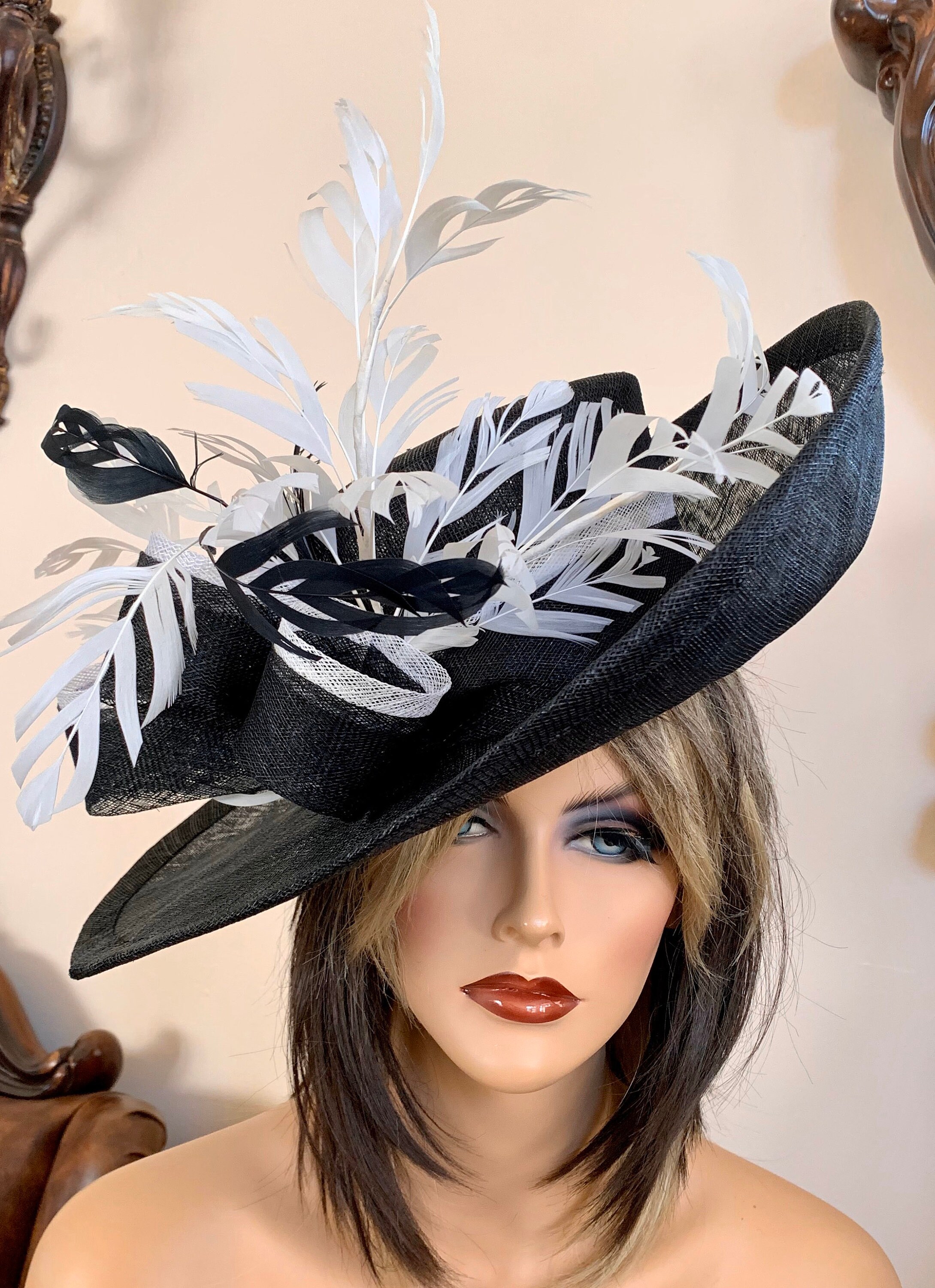 Whittail and Shon Black and White Wide Brim Fascinator Hat Feather Haute Couture kentucky derby fascinator shantung silk ivory white wide  main image 3