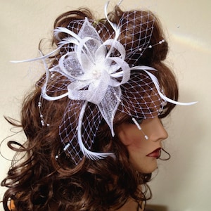 Bridal , Bridesmade white Fascinator  with  Feathers and Russian veil, Wedding hair accessory
