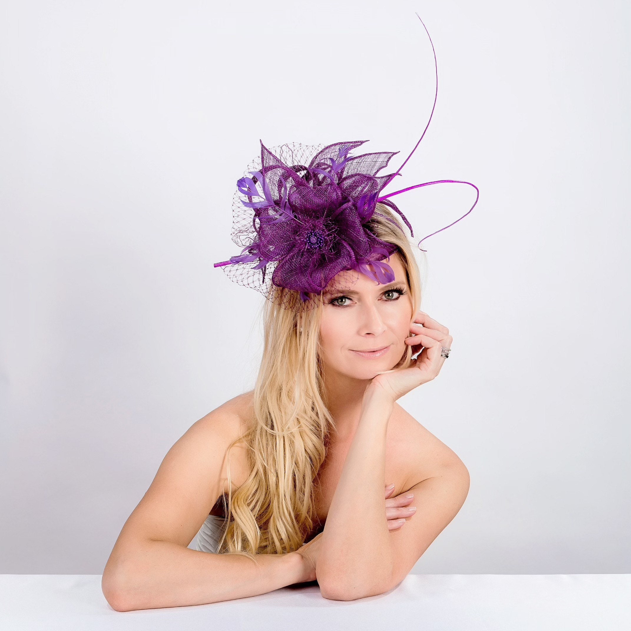 Vintage Miss Briemer Feather Fascinator Hat  Purple Velvet & Red/Cobalt Plumes il_fullxfull.6328591802_rbjs.jpg main image 2