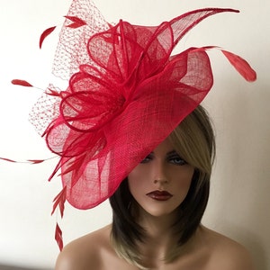 Kentucky Derby red hat. Derby hat. Kentucky Derby red fascinator. Asvot hat, Del Mar hat, wedding , curch snd etc