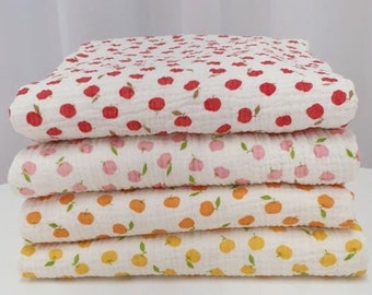Gauze Specialty Shop | Fruits Soft Wrinkled Cotton Double Gauze Fabric, Pear, Apple, Peach, Orange Quality Crinkled Gauze Fabric By the Yard