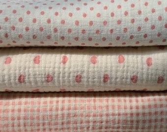 Pink Wrinkled Cotton Double Gauze, Soft Gauze Check, Heart, Polka Dots, High Quality Crinkled Double Gauze Fabric By the Yard, 3 Patterns
