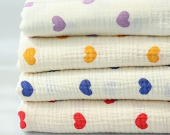 Muslin Vivid Hearts Soft Wrinkled Cotton Double Gauze Fabric, High Quality Crinkled Double Gauze Fabric By the Yard, 4 Colors