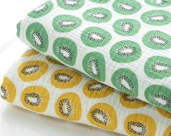 Muslin Kiwi Soft Wrinkled Cotton Double Gauze Fabric, Fruits Gauze, High Quality Crinkled Double Gauze Fabric By the Yard, 2 Colors