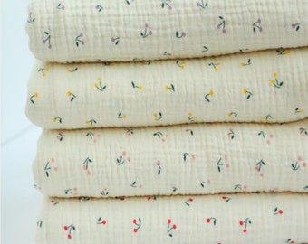 Muslin Cherries Soft Wrinkled Cotton Double Gauze Fabric, High Quality Crinkled Double Gauze Fabric By the Yard, 4 Colors