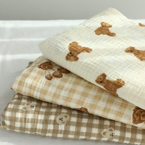 Muslin Bears Soft Wrinkled Cotton Double Gauze Fabric 60&quot; Wide, Checker Animal Print Fabric, Quality Crinkled Gauze Fabric By the Yard 35132