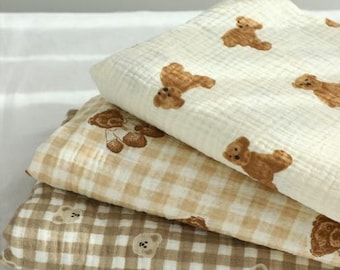 Muslin Bears Soft Wrinkled Cotton Double Gauze Fabric 60" Wide, Checker Animal Print Fabric, Quality Crinkled Gauze Fabric By the Yard 35132