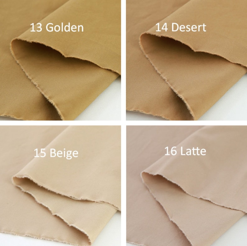 Puede incluir: Cuatro muestras de tela en tonos beige y marr&oacute;n. Las muestras est&aacute;n etiquetadas como "13 Golden", "14 Desert", "15 Beige" y "16 Latte". La tela tiene un borde sin rematar y los colores var&iacute;an de claro a oscuro.