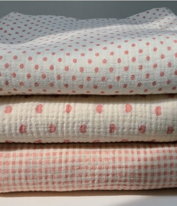 Pink Wrinkled Cotton Double Gauze, Soft Gauze Check, Heart, Polka Dots, High Quality Crinkled Double Gauze Fabric By the Yard, 3 Patterns