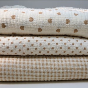 Beige Wrinkled Cotton Double Gauze, Soft Gauze Check, Heart, Polka Dots, High Quality Crinkled Double Gauze Fabric By the Yard, 3 Patterns