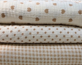 Beige Wrinkled Cotton Double Gauze, Soft Gauze Check, Heart, Polka Dots, High Quality Crinkled Double Gauze Fabric By the Yard, 3 Patterns