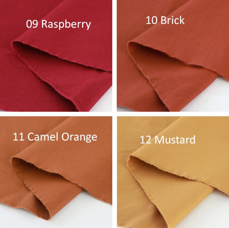 Puede incluir: Cuatro muestras de tela en tonos de rojo, naranja y amarillo. Las muestras est&aacute;n etiquetadas con nombres de colores y n&uacute;meros: 09 Frambuesa, 10 Ladrillo, 11 Naranja Camel y 12 Mostaza. Los bordes de la tela son crudos y sin terminar.