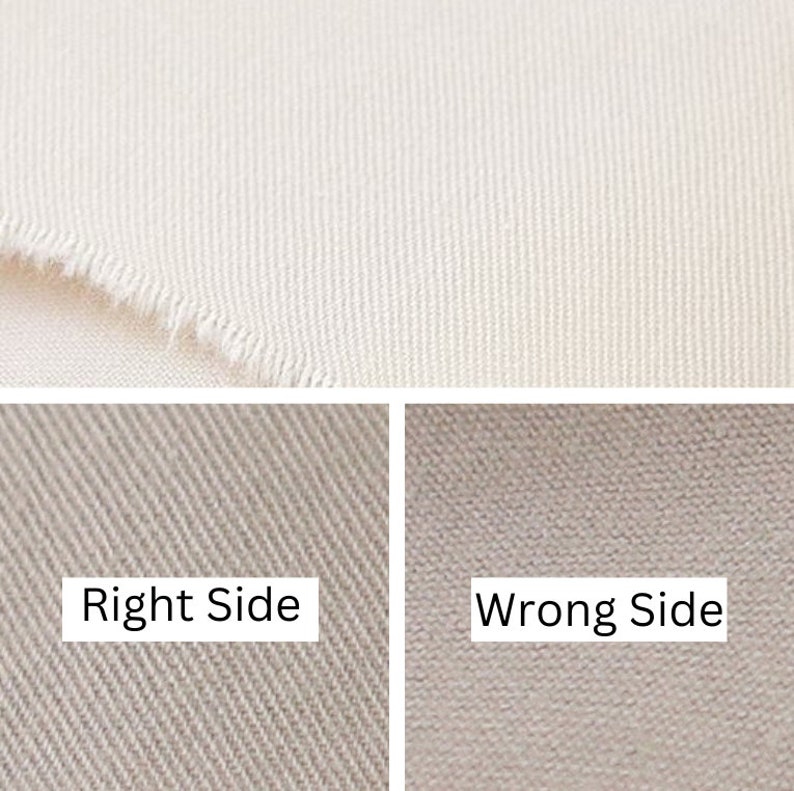 Puede incluir: Primer plano de tres muestras de tela. La muestra superior es blanquecina con un borde deshilachado. La muestra inferior izquierda es de color beige claro, etiquetada como "Right Side". La muestra inferior derecha es de color beige m&aacute;s oscuro, etiquetada como "Wrong Side".