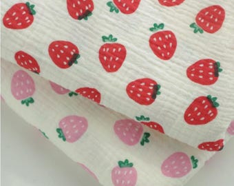 Muslin Strawberry Soft Wrinkled Cotton Double Gauze Fabric, Fruits Gauze, High Quality Crinkled Double Gauze Fabric By the Yard, 2 Colors