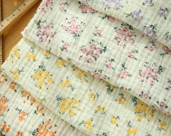 Muslin Flower Bouquet Wrinkled Cotton Double Gauze Fabric, Floral Gauze, Pink, Orange, Yellow, Violet, Crinkled Gauze Fabric By the Yard