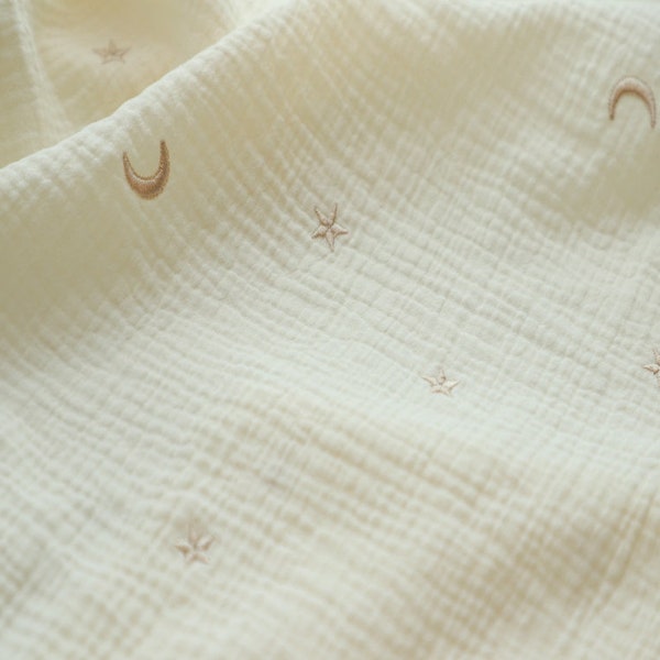 Embroidered Muslin Soft Wrinkled Cotton Double Gauze Fabric, Moon and Stars Baby Gauze, Quality Crinkled Gauze Fabric By the Yard