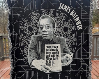 James Baldwin Woven Throw Blanket - Wear Your Crown Quote | Harlem Renaissance Iconic Writer Photo with Book | Black History Author