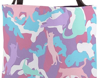 Cat Camo Tote Bag - Kitty Camo Silhouette | Pink, Baby Blue, White And Gray Camouflage