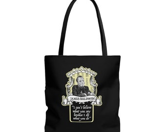 James Baldwin Smiling with Quote Tote Bag - I Can't Believe What You Say Because I See What You Do | Mudcloth Print Black History