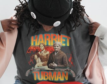 Harriet Tubman Washed Black T-Shirt - Vintage 90's Style with Shotguns Orange Yellow Aqua Teal | Black History Revolutionary Woman