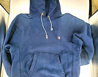 Vintage 70s 80s Champion Reverse Weave Warmup Navy Blue Hoodie - Faded Rare Made in USA Size Medium | Embroidered Small C logo