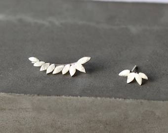 Leaf ear climber, sterling silver, mismatched leaves minimalist ear crawlers, ear cuffs, woodland pin stud earrings, flower ear sweeps