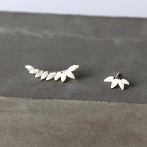 Leaf ear climber, sterling silver, mismatched leaves minimalist ear crawlers, ear cuffs, woodland pin stud earrings, flower ear sweeps