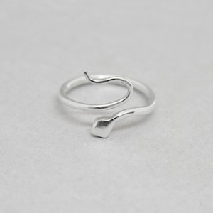 Könnte beinhalten: Ein silberner Schlangenring mit einem gewundenen Körper und einem spitzen Kopf.