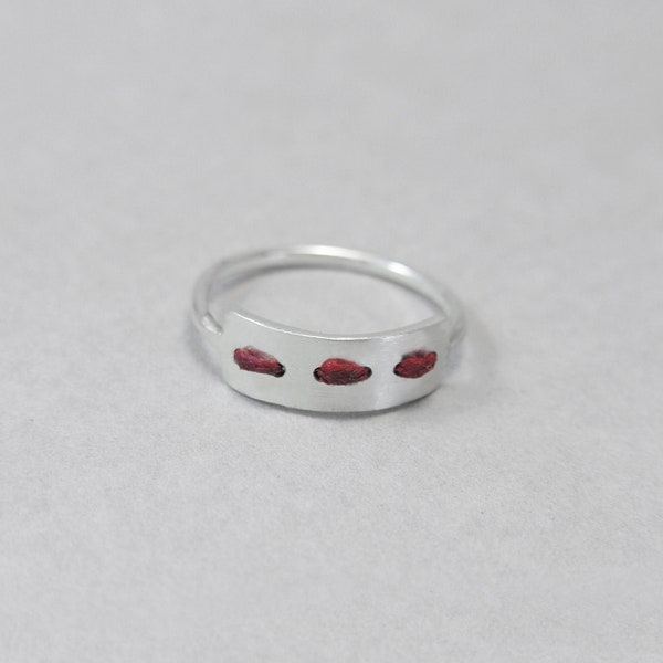 Ring threaded with red cord, stitched ring, sterling silver, red seam ring, geometric minimalist ring, red cord ring, gift for her