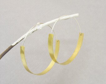 Big brass hoops flat, gold minimal geometric hoop earrings, large boho wide hoops, 6 mm hoops, modern earrings