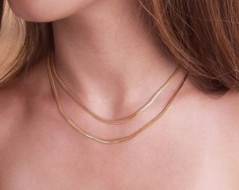 Flat snake chain necklace gold plated 18k, flat golden chain, liquid gold chain, layering chunky necklace, sterling silver 925, minimalist