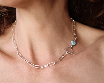 Sterling Silver Paperclip Chain Necklace: Gemstone T-Bar Toggle Clasp