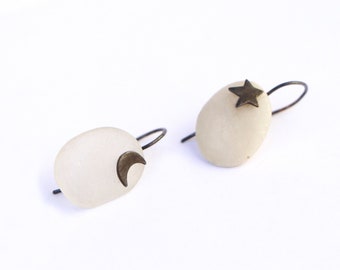 Pebble earrings black moon and star, sea stone jewelry, beach stone dangle earrings, natural sea rock earrings, οoak, sterling silver