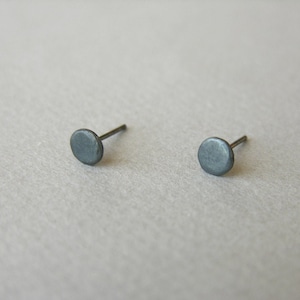 Puede incluir: Un par de pequeños pendientes redondos de plata. Los pendientes son de color gris oscuro y tienen una textura ligeramente martillada.