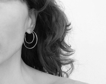 Crescent moon hoop earrings, sterling silver, bohemian style, boho, half moon hoops, modern minimalist, hammered, geometrical