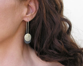 Geometrical minimal dangle earrings, sterling silver, two disc drop long earrings, urban design