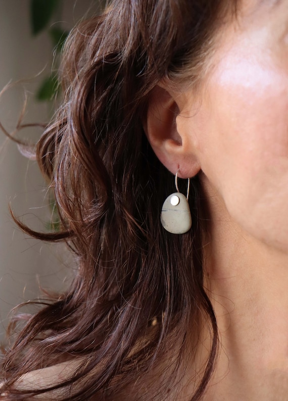 Gray Sea Stone Earrings: Sterling Silver Pebble Dangle Earrings