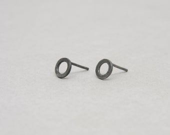 Tiny open circle post earrings, sterling silver studs, geometrical minimalist earrings, everyday earrings, unisex posts, black studs for men