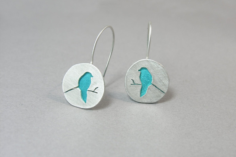 minimalist everyday earrings silver with wild Indian silk Bird on a branch earrings Black oxidized silver yellow birds