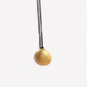 Op de afbeelding: Een gouden schelp hangerketting aan een zwarte ketting.