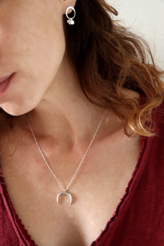 Double Horn Necklace Crescent Moon Pendant Half Moon 925 Etsy