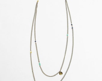 Long boho chain necklace, Brass multi strand tassel necklace, bohemian charm, gift for her