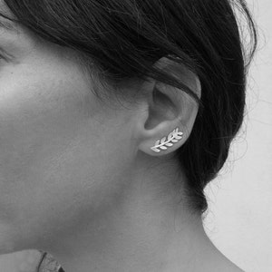 Sterling silver ear climbers, leaves ear crawlers, ear cuffs, laurel pin stud earrings, twig climbers, leaf ear sweeps, gold plated