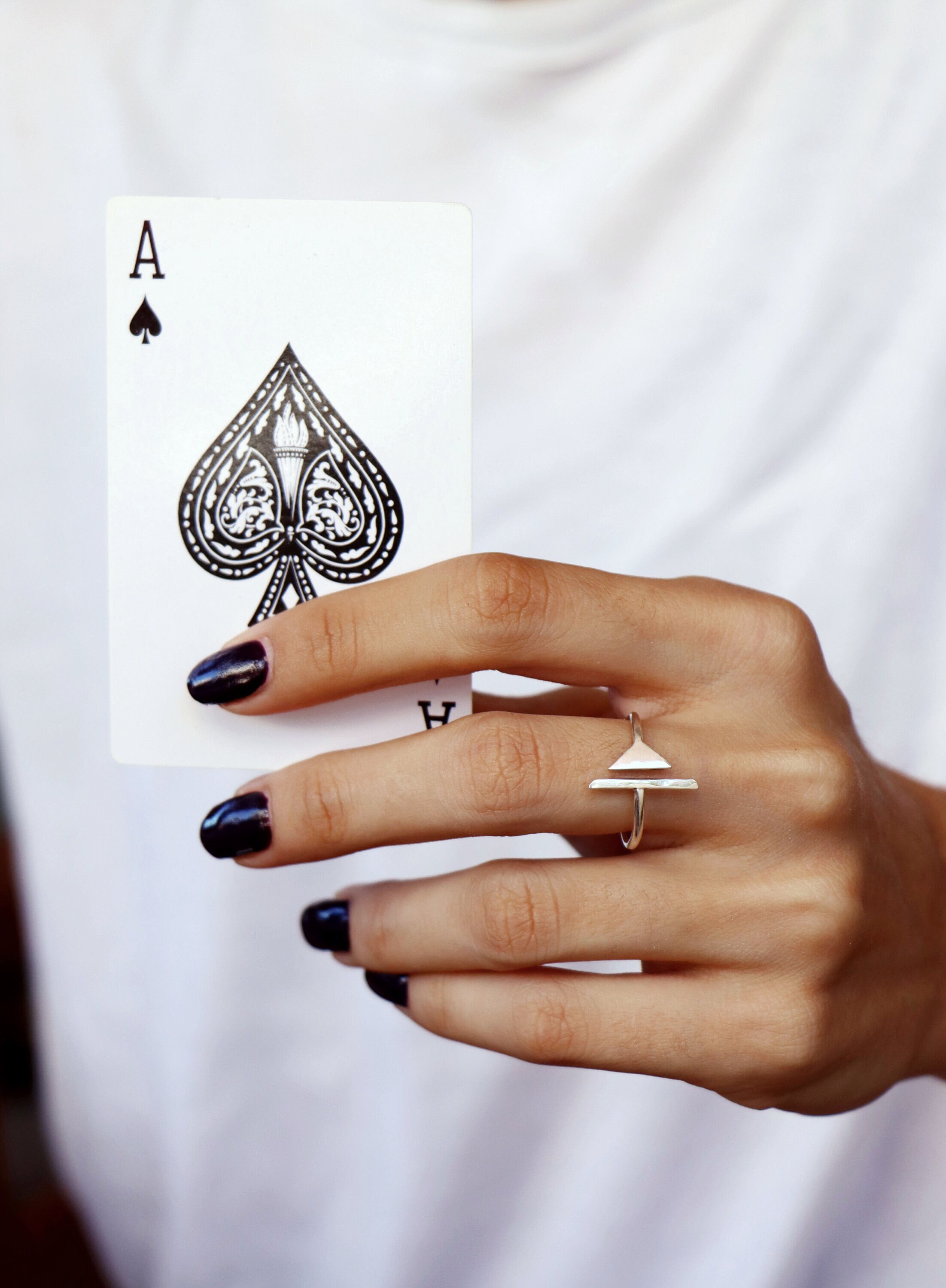 Press play ring, triangle geometric sterling silver ring, open adjustable  ring, minimalist ring, modern T ring, Bar ring - Main Image