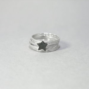 Rock star skinny stacking rings, hammered sterling silver, Set of 6, slim stackable band, black star stack ring, Christmas gift