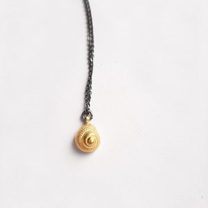 Op de afbeelding: Een gouden schelp hangerketting met een zwarte ketting.