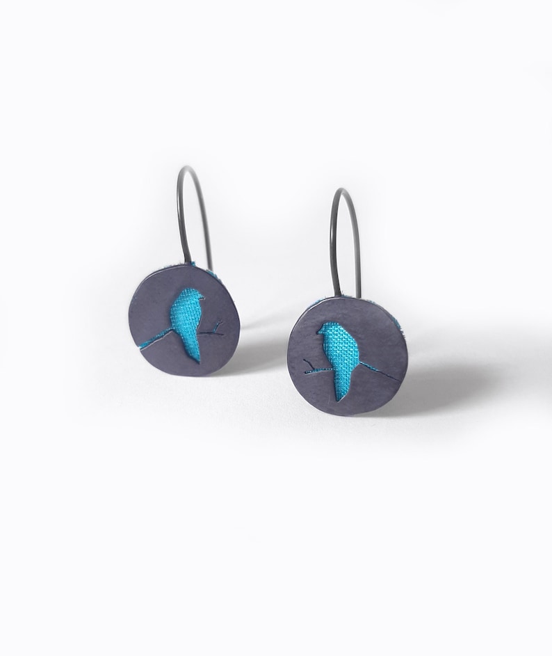 minimalist everyday earrings silver with wild Indian silk Bird on a branch earrings Black oxidized silver yellow birds